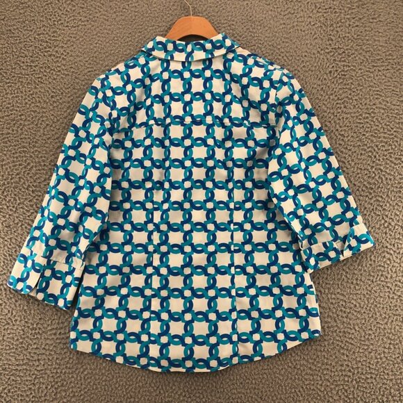 Chicos Shirt Womens 0 US 4 Blue Geometric No Iron Button Up Collar 3/4 Sleeve - Picture 3 of 9